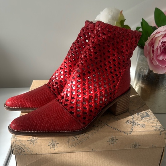 Free People Red Metallic Ankle Booties with Woven Texture - Picture 2 of 10